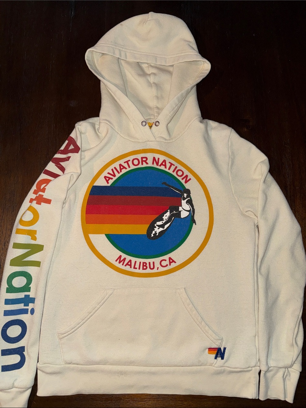 Aviator Nation Cream Pullover Hoodie with Rainbow Malibu Logo Small